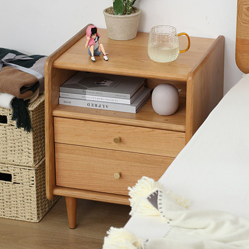 Contemporary Retro Cubic Square Cherry Wood Oak Walnut Nightstand 2-Drawer For Bedside