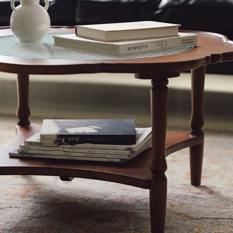 Contemporary Retro Flower Round Wood Glass Coffee Table 2-Tier For Living Room