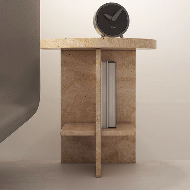 Contemporary Nordic Round Crossed Base Travertine Chrysoprase Side Table 2-Shelf For Bedside