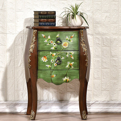 Traditional European Square Round Flower Painted Birch Rubber Wood MDF Metal Side Table 2-Drawer For Living Room