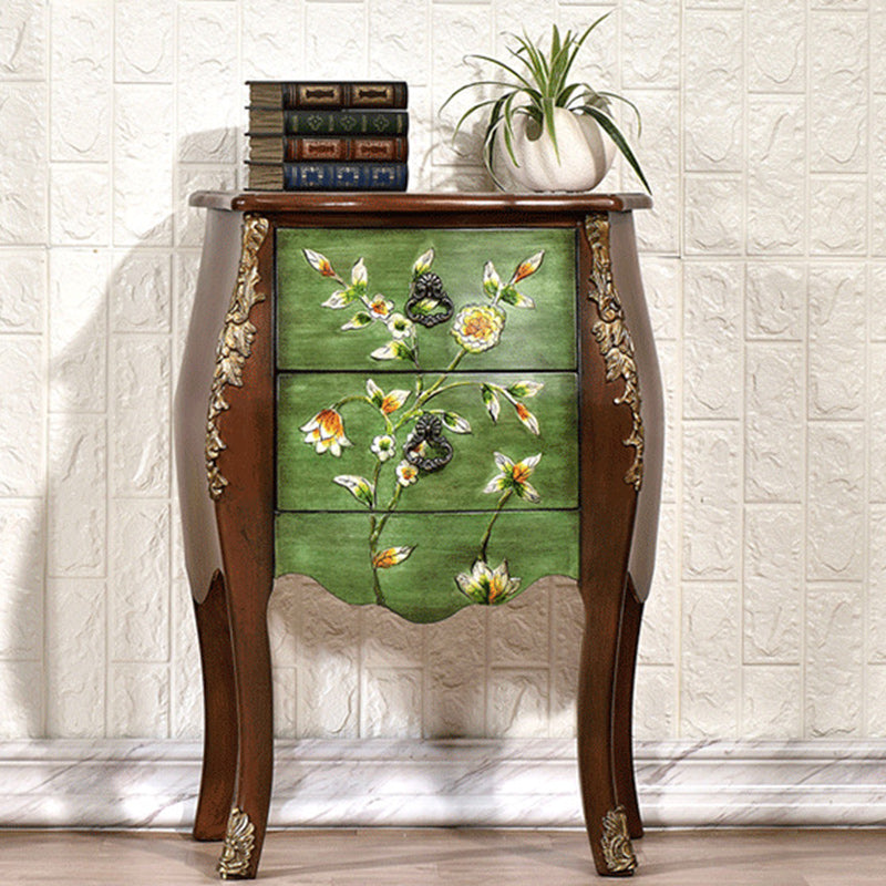 Traditional European Square Round Flower Painted Birch Rubber Wood MDF Metal Side Table 2-Drawer For Living Room