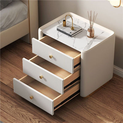 Modern Minimalist Rectangular Round Corner Wood Rock Slab Leather Metal Nightstand 3-Drawer For Bedroom