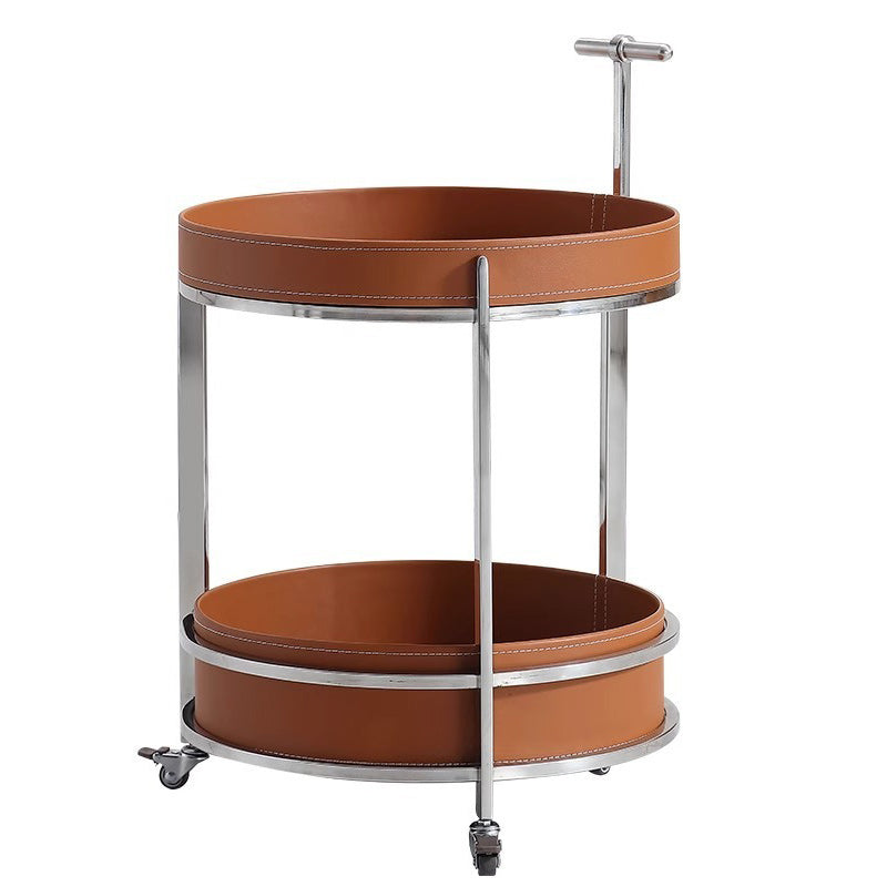 Modern Luxury Round Leather Stainless Steel End Table 2-Tier For Living Room