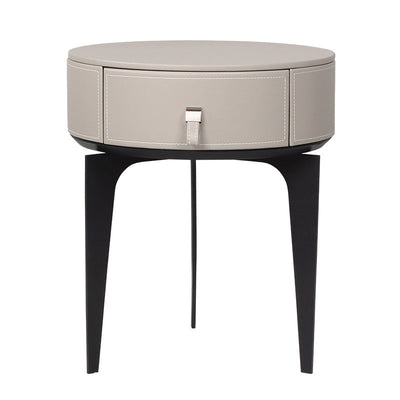 Modern Luxury Round Microfiber Leather Solid Wood Metal Nightstand 1-Drawer For Bedroom