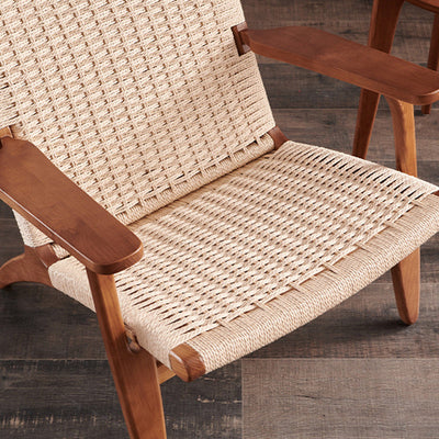 Traditional Chinese Rectangle Kraft Rope Wood Accent Chair Backrest Arm For Living Room