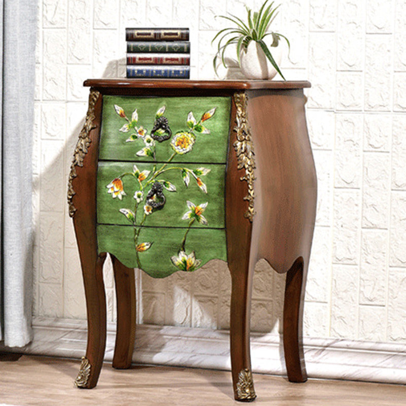 Traditional European Square Round Flower Painted Birch Rubber Wood MDF Metal Side Table 2-Drawer For Living Room