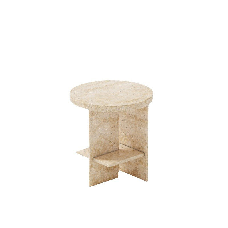 Contemporary Nordic Round Crossed Base Travertine Chrysoprase Side Table 2-Shelf For Bedside