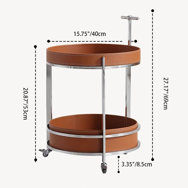 Modern Luxury Round Leather Stainless Steel End Table 2-Tier For Living Room