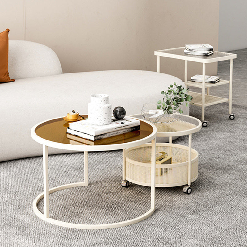 Contemporary Nordic Round Combination Glass Carbon Steel Metal Coffee Table 2-Tier Movable For Living Room