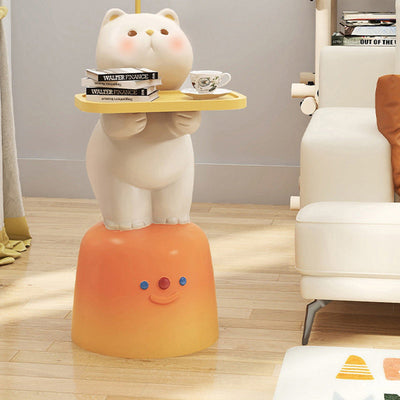 Modern Art Deco Kids Cat Rectangular Resin Metal Wood End Table 1-Tray With LED Light For Bedroom