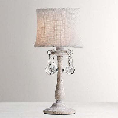 Modern Shabby Chic Distressed White Cylindrical Fabric Shade Resin Base 1-Light Table Lamp For Bedroom