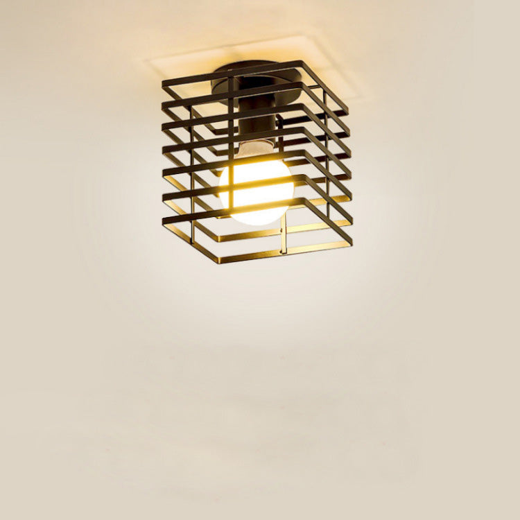 Traditional Farmhouse Iron Wire Square Cage 1-Light Semi-Flush Mount Ceiling Light For Hallway