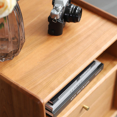 Contemporary Retro Cubic Square Cherry Wood Oak Walnut Nightstand 2-Drawer For Bedside