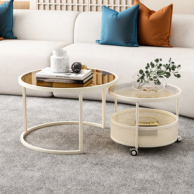 Contemporary Nordic Round Combination Glass Carbon Steel Metal Coffee Table 2-Tier Movable For Living Room