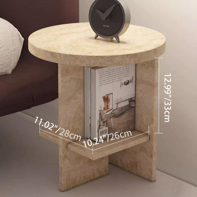 Contemporary Nordic Round Crossed Base Travertine Chrysoprase Side Table 2-Shelf For Bedside