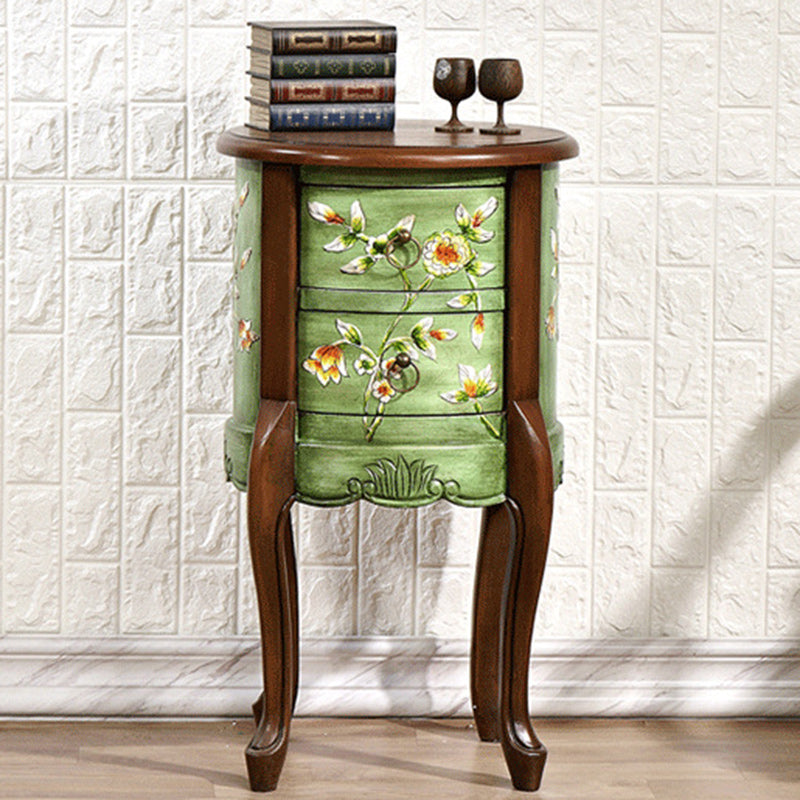 Traditional European Square Round Flower Painted Birch Rubber Wood MDF Metal Side Table 2-Drawer For Living Room