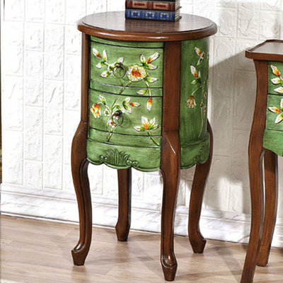 Traditional European Square Round Flower Painted Birch Rubber Wood MDF Metal Side Table 2-Drawer For Living Room