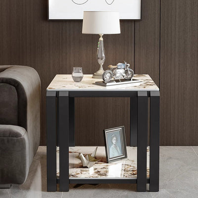 Contemporary Luxury Square Rock Slab Metal Side Table 2-Tier For Living Room