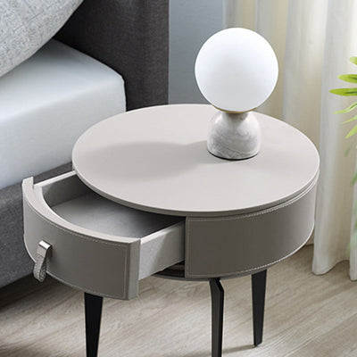 Modern Luxury Round Microfiber Leather Solid Wood Metal Nightstand 1-Drawer For Bedroom