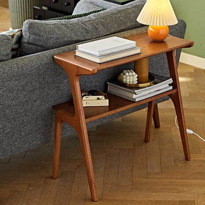 Contemporary Retro Rectangular Beech Rubber Wood Side Table 2-Tier For Living Room