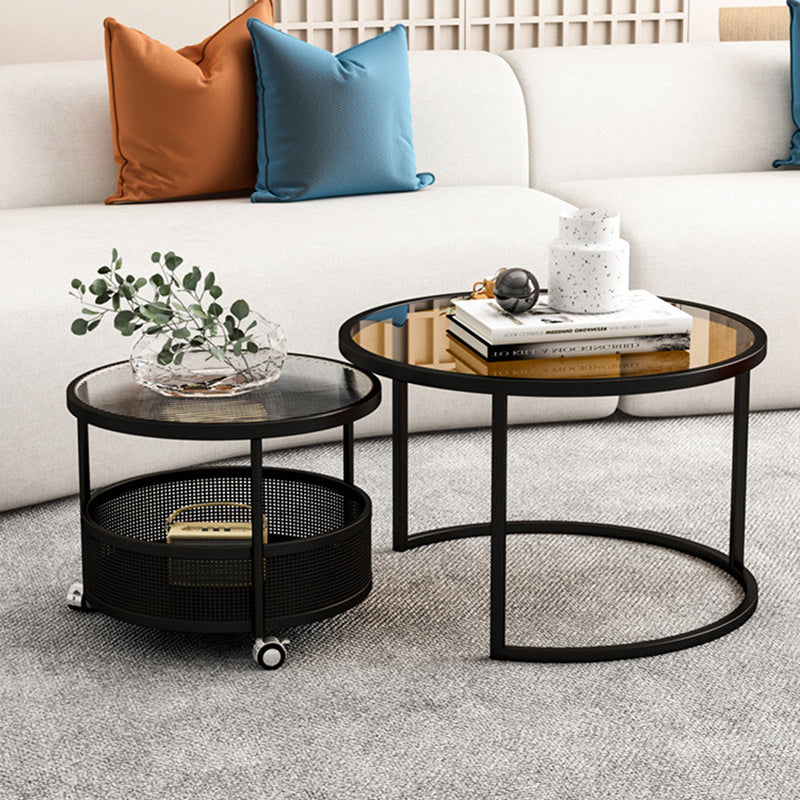 Contemporary Nordic Round Combination Glass Carbon Steel Metal Coffee Table 2-Tier Movable For Living Room