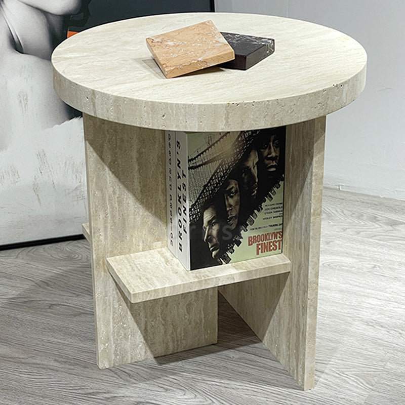 Contemporary Nordic Round Crossed Base Travertine Chrysoprase Side Table 2-Shelf For Bedside