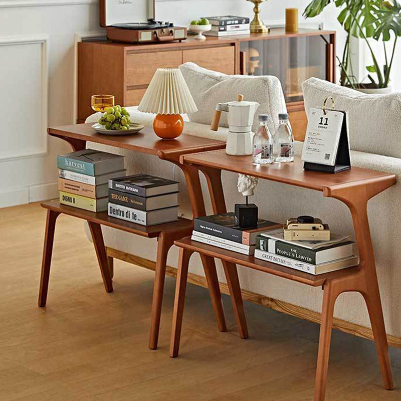 Contemporary Retro Rectangular Beech Rubber Wood Side Table 2-Tier For Living Room