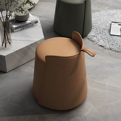 Contemporary Nordic Round Cylinder Leather Wood Vanity Stool Low Backrest For Bedroom