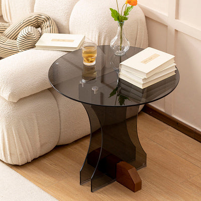 Modern Minimalist Round Strip Base Glass Solid Wood Coffee Table For Living Room