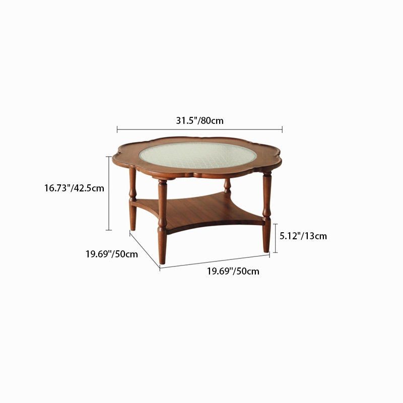 Contemporary Retro Flower Round Wood Glass Coffee Table 2-Tier For Living Room