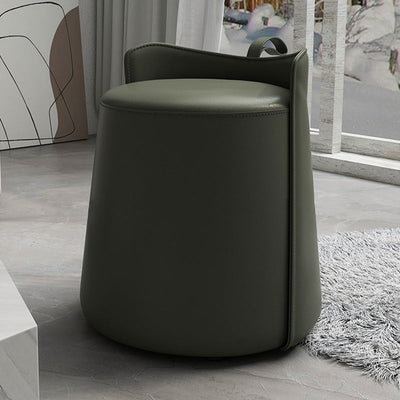 Contemporary Nordic Round Cylinder Leather Wood Vanity Stool Low Backrest For Bedroom