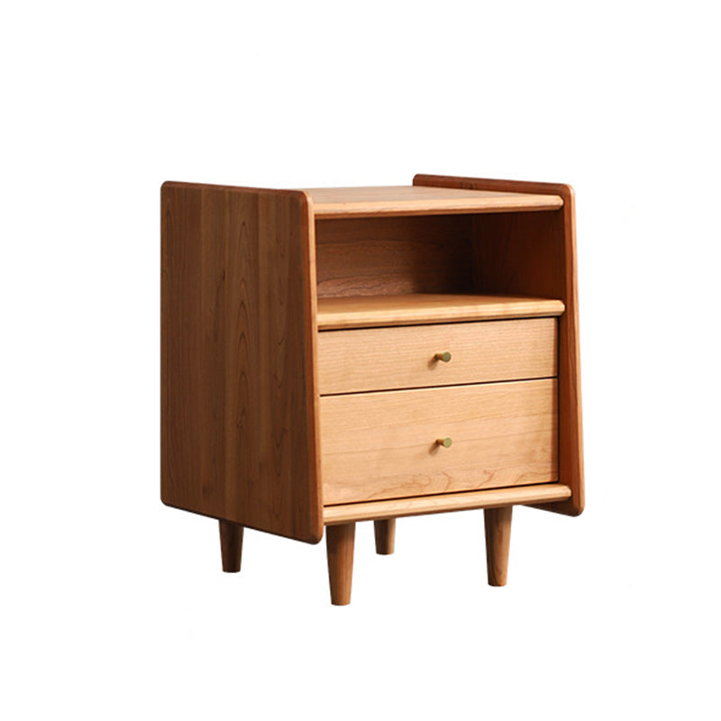 Contemporary Retro Cubic Square Cherry Wood Oak Walnut Nightstand 2-Drawer For Bedside