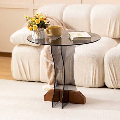 Modern Minimalist Round Strip Base Glass Solid Wood Coffee Table For Living Room