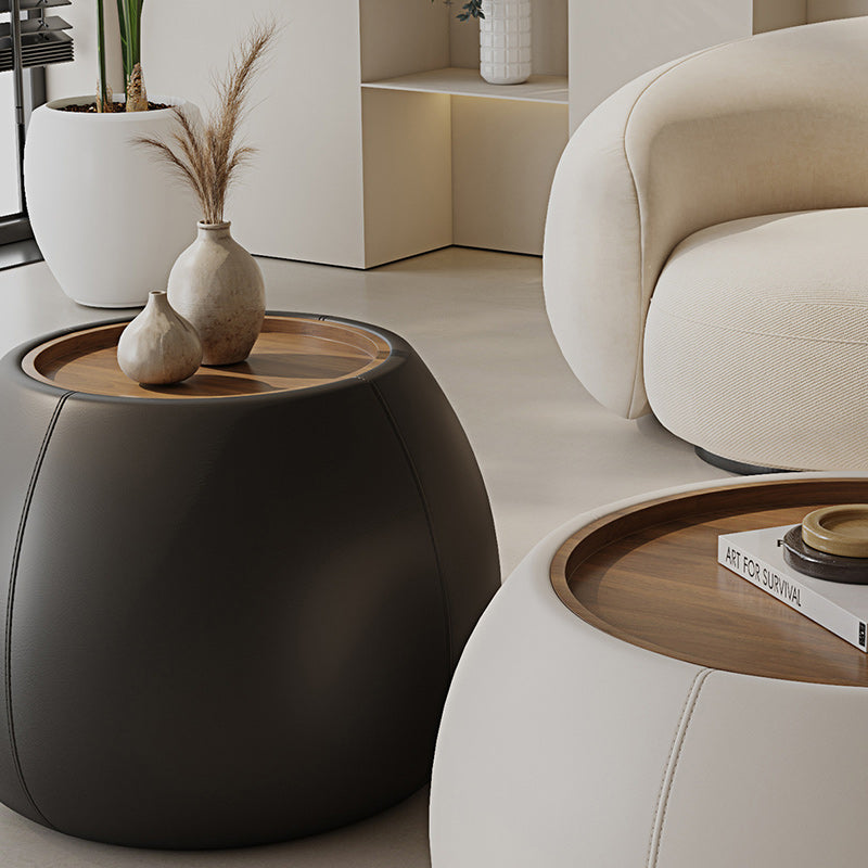 Contemporary Nordic Round Cylinder Walnut Wood Leather Coffee Table 1-Storage For Living Room