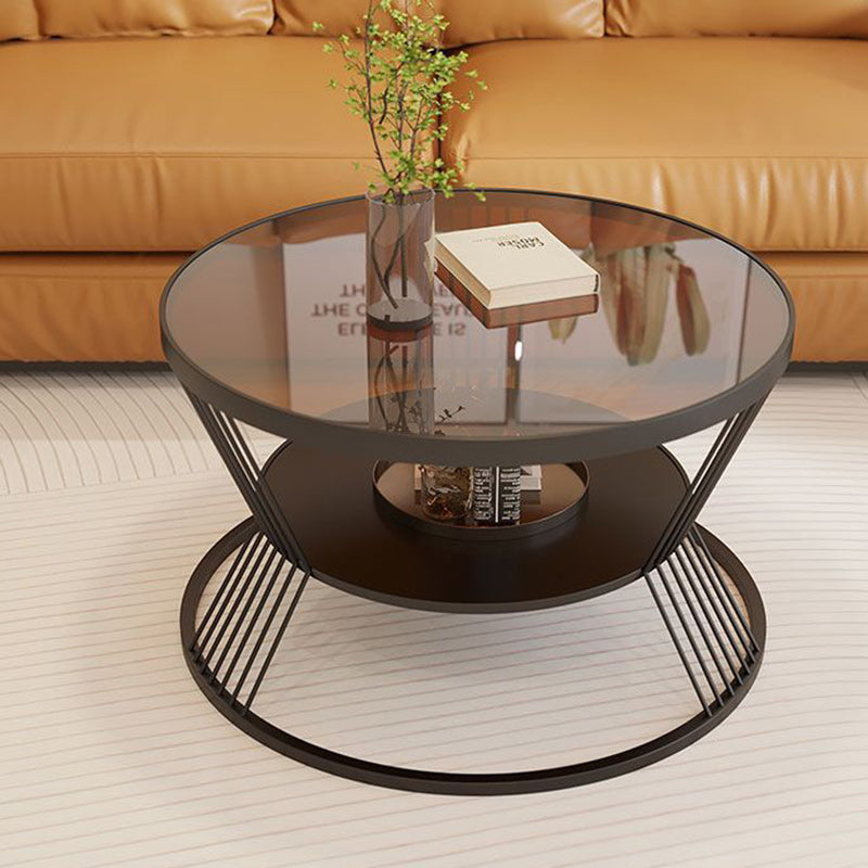 Modern Luxury Round Tempered Glass Iron End Table 2-Tier For Living Room