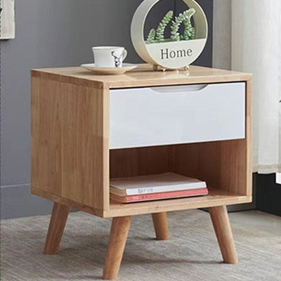 Modern Minimalist Square Rubberwood Solid Wood Nightstand 1/2 Drawer For Bedroom