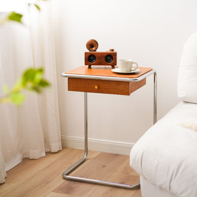 Modern Minimalist Square Wood Stainless Steel End Table 1-Tier For Living Room