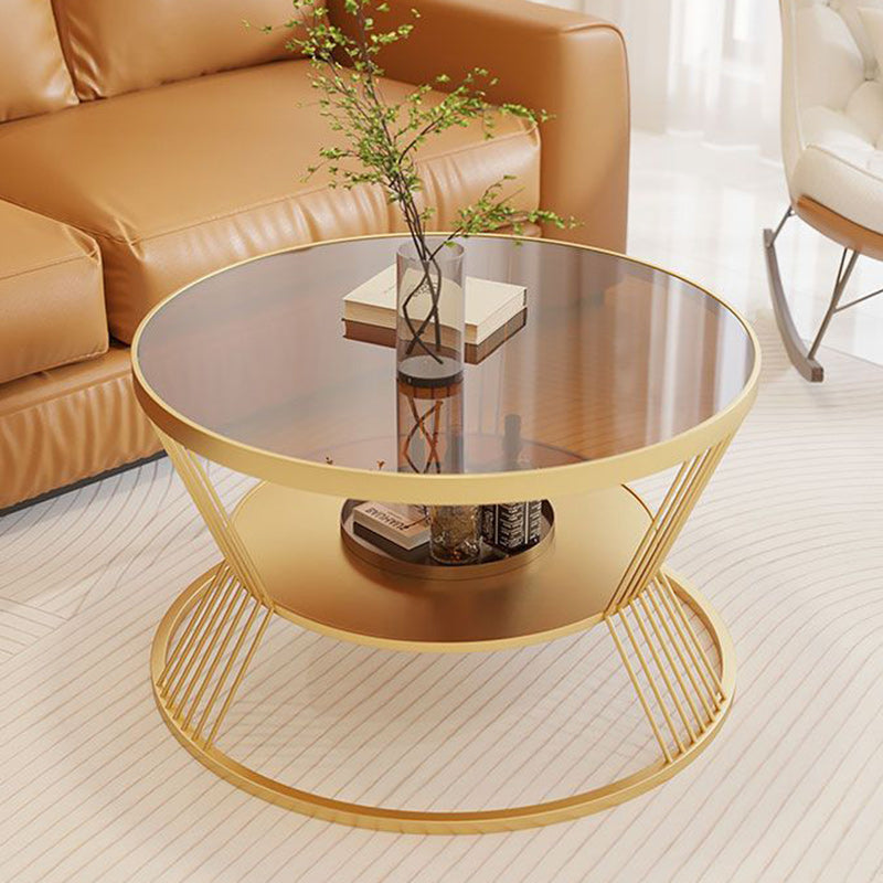 Modern Luxury Round Tempered Glass Iron End Table 2-Tier For Living Room