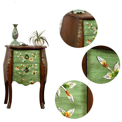 Traditional European Square Round Flower Painted Birch Rubber Wood MDF Metal Side Table 2-Drawer For Living Room