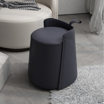 Contemporary Nordic Round Cylinder Leather Wood Vanity Stool Low Backrest For Bedroom