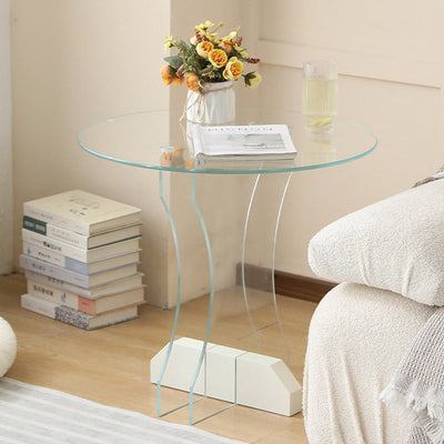 Modern Minimalist Round Strip Base Glass Solid Wood Coffee Table For Living Room