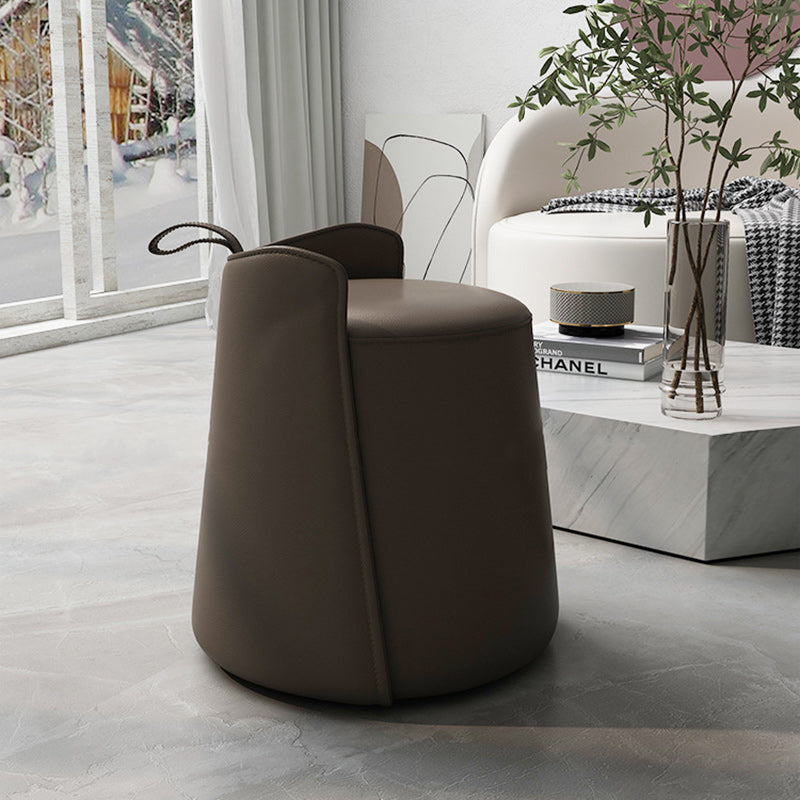 Contemporary Nordic Round Cylinder Leather Wood Vanity Stool Low Backrest For Bedroom