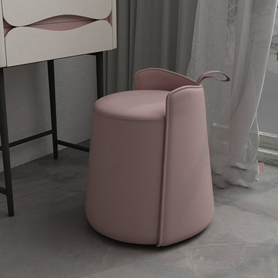 Contemporary Nordic Round Cylinder Leather Wood Vanity Stool Low Backrest For Bedroom