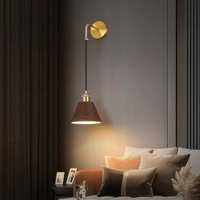 Modern Minimalist Round Table Cylinder Iron Walnut Woodgrain 1-Light Wall Sconce Lamp For Bedroom