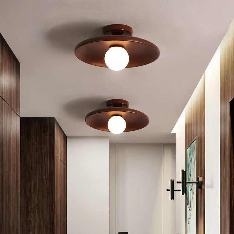 Contemporary Simplicity Round Wood Glass 1-Light Semi-Flush Mount Ceiling Light For Living Room