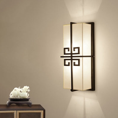 Traditional Chinese Rectangle Iron Fabric 2-Light Wall Sconce Lamp For Living Room