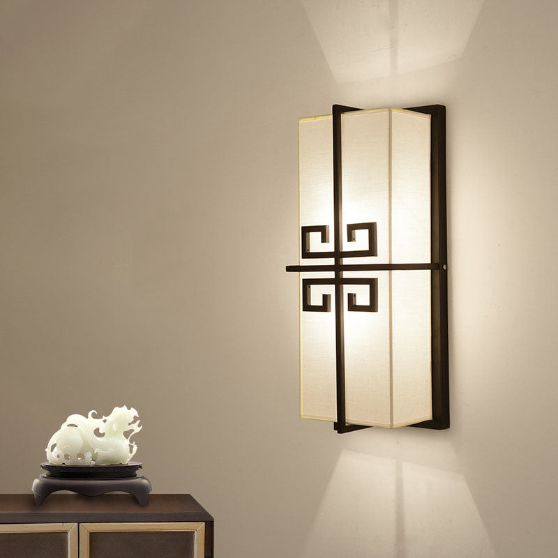 Traditional Chinese Rectangle Iron Fabric 2-Light Wall Sconce Lamp For Living Room