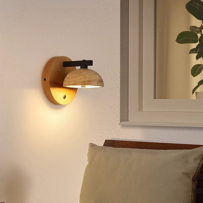 Traditional Japanese Dolomite Walnut Round Hemispherical LED Wall Sconce Lamp For Bedside