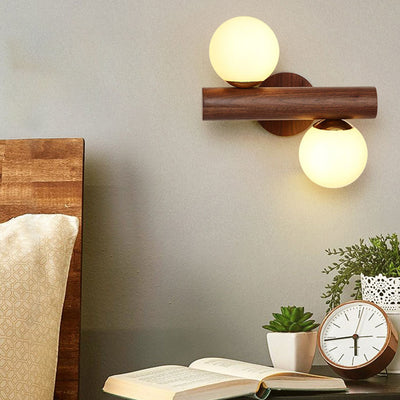 Contemporary Scandinavian Cylinder Orb Rubberwood Glass 2-Light Wall Sconce Lamp For Bedroom