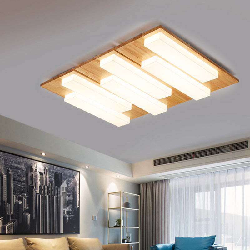 Traditional Japanese Acrylic Rectangular Block Combination Wood LED Flush Mount Ceiling Light For Bedroom